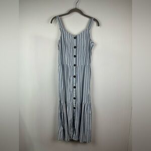 Indulge Midi Length Blue and Ivory Stripe Button Front Dress, Size M